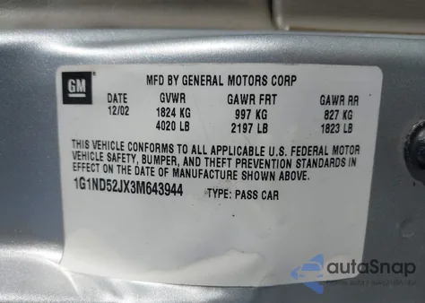 2003 Chevrolet Malibu z USA, uszkodzony, nr VIN 1G1ND52JX3M643944